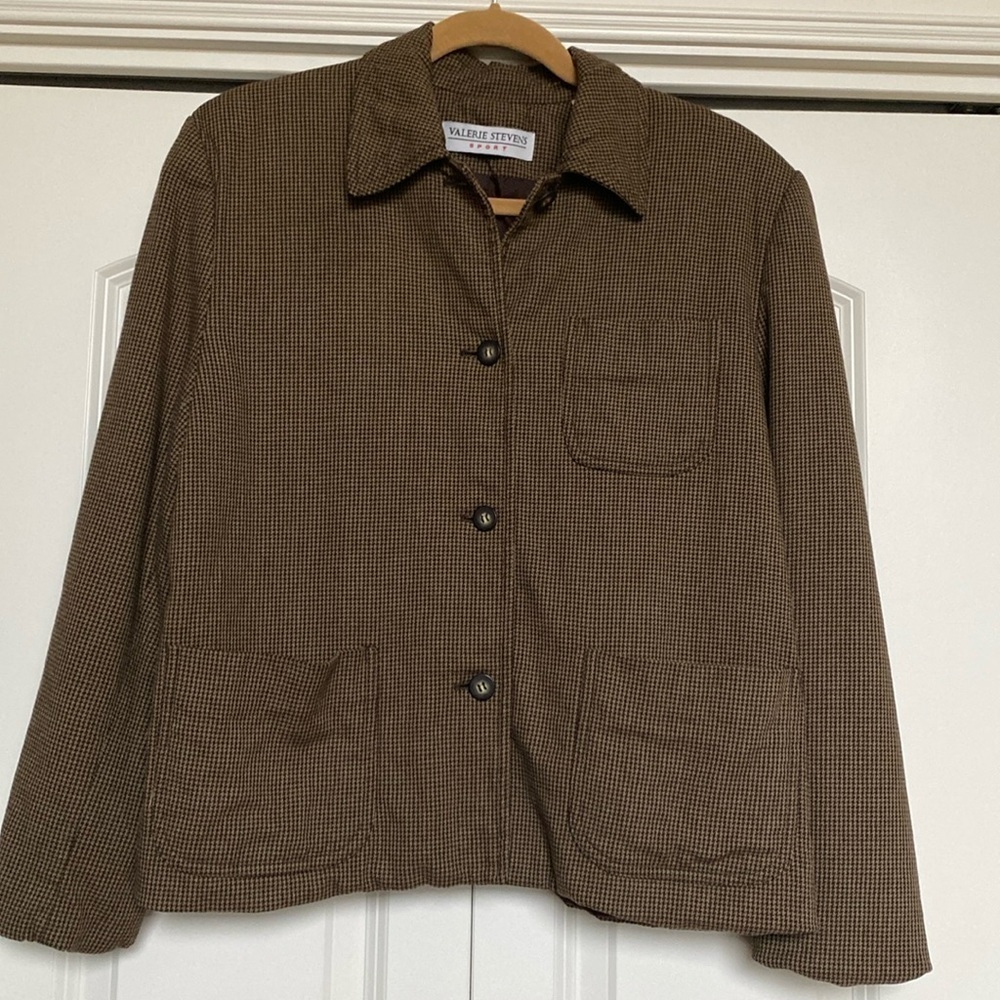 Valerie Stevens Button down Blazer Jacket Womens M Brown check patch pockets VTG